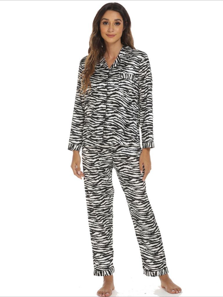 Loungewear für Damen im europäischen und amerikanischen Stil für Frühling und Herbst, bequemes Satin-Pyjama-Set, lässige 2-teilige bedruckte Homewear
