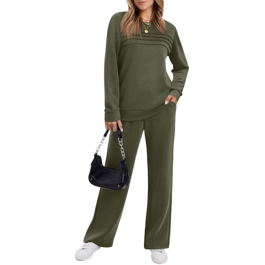 Women's Casual 2 Piece Athletic Set Color Long Sleeve Neck Sweatshirt and Wide Leg Pants with Elastic Waist
