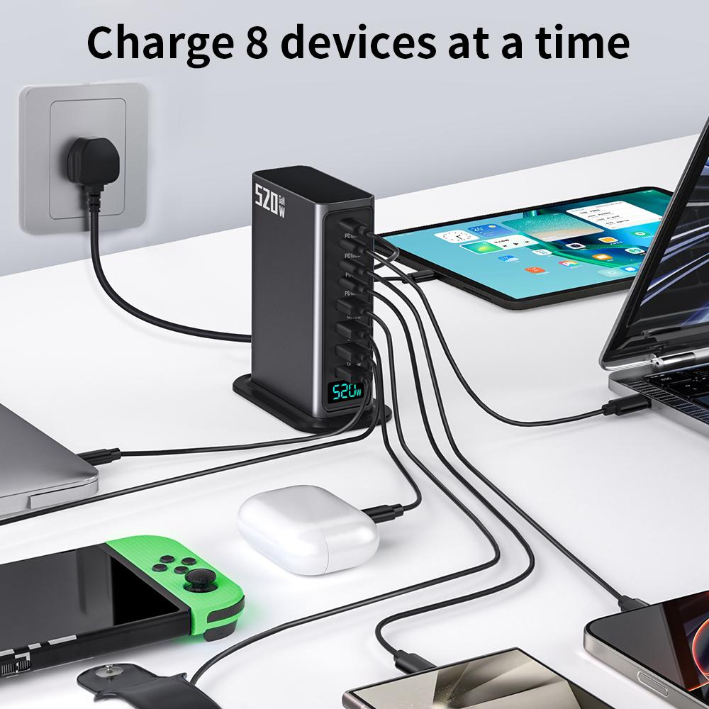 520W GaN Desktop Fast Charger 8-Port 4 USB-C+4 USB-A PD 100W Fast Charger USB Type C Mobile Phone Power Charger Station