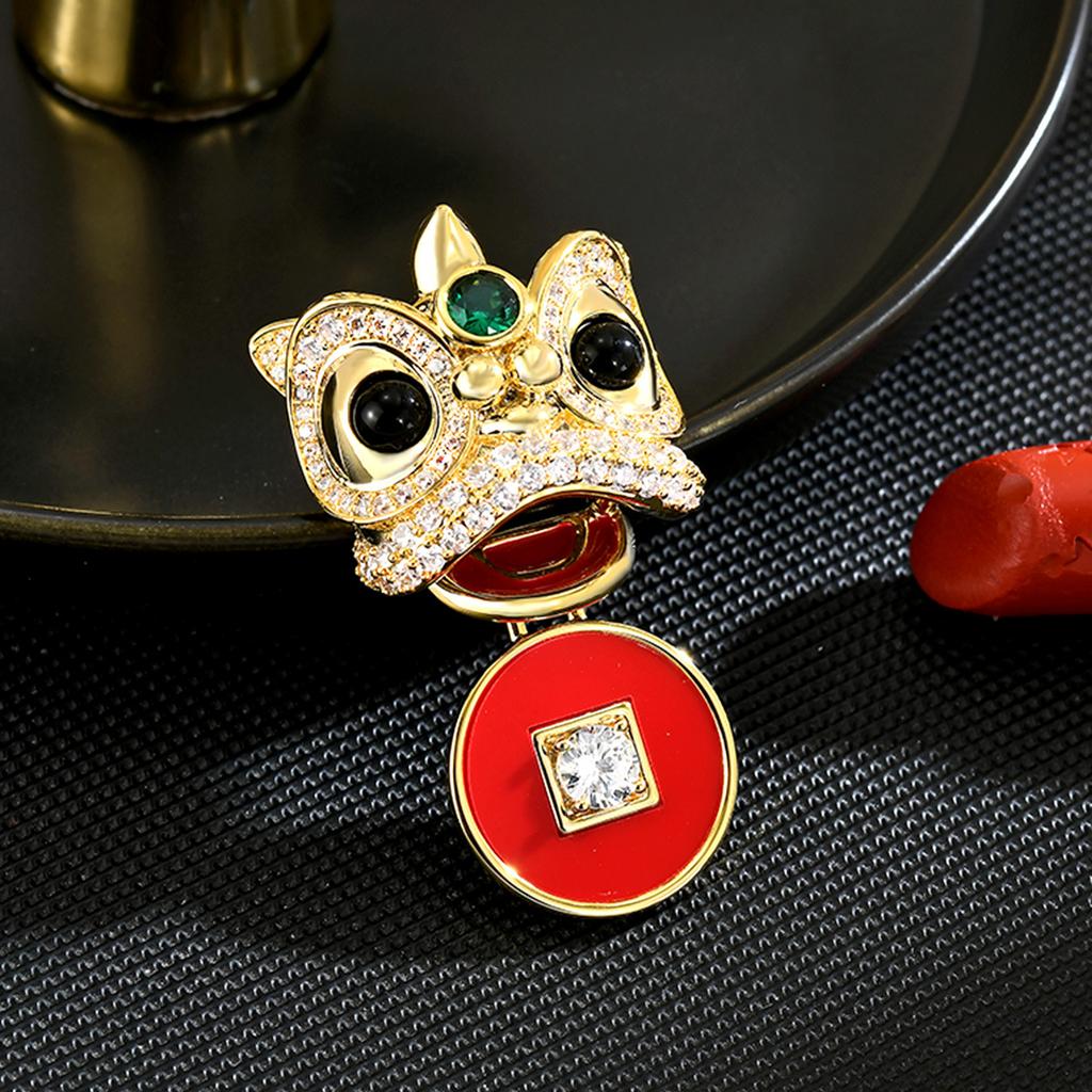New Lion Dance Brooch Exquisite High-end Festive Chinese Style Guochao Gold Coin Accessories Pin Red High-end Corsage
