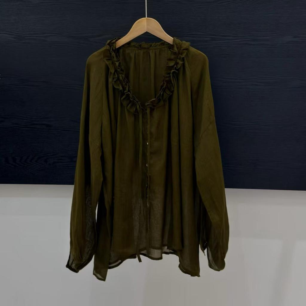 1116 Summer New Women's Lace Collar Japanese Ramie Shirt Loose Shirt Top Cardigan Literary Style Ins