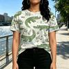 Women's Minimalist Street Style Crocodile T-Shirt,Fresh Green Plant Detail,Loose Fit Soft Comfy Tee,Versatile for Daily Casual & Date Outfits