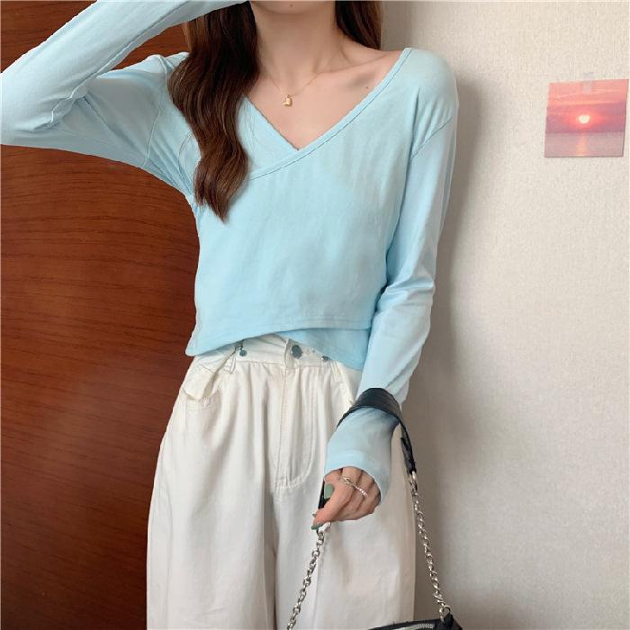 

Короткие рукава, новые женские летние трендовые облегающие футболки с V-образным вырезом и крест-накрест на пупке, весна и осень 2XL синий