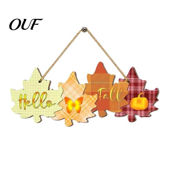 Holiday Hanging Welcome Plaque Autumn Sign with Rope for Front Door, Rustic Maple Leaf Shape Wood Thanksgiving Home Wall Art Decor Pumpkin And