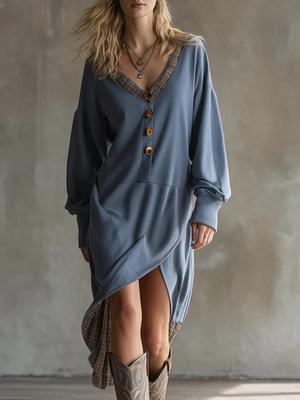 2025 Autumn/Winter Double-Sided Brushed Fleece Patchwork V-Neck Long Sleeve Casual Dress