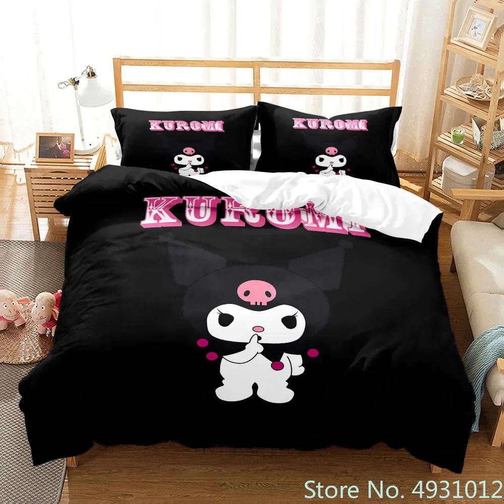 Sanurgente Kuromi Melody Bedding Set Pillowcase Anime Bedclothes Cartoon 3D Printed Kids Adult Boys Quilt Duvet Cover Gift