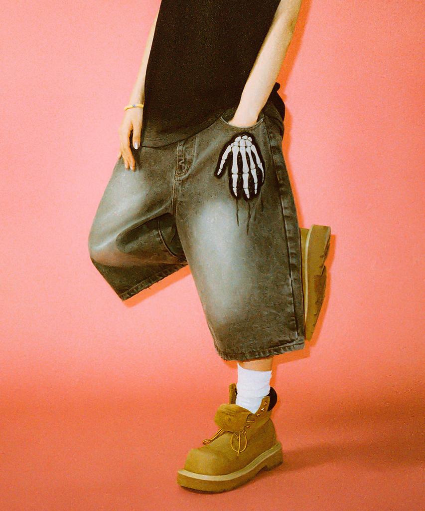 SCHISM INDUCING Bone Hand Jorts Gray
