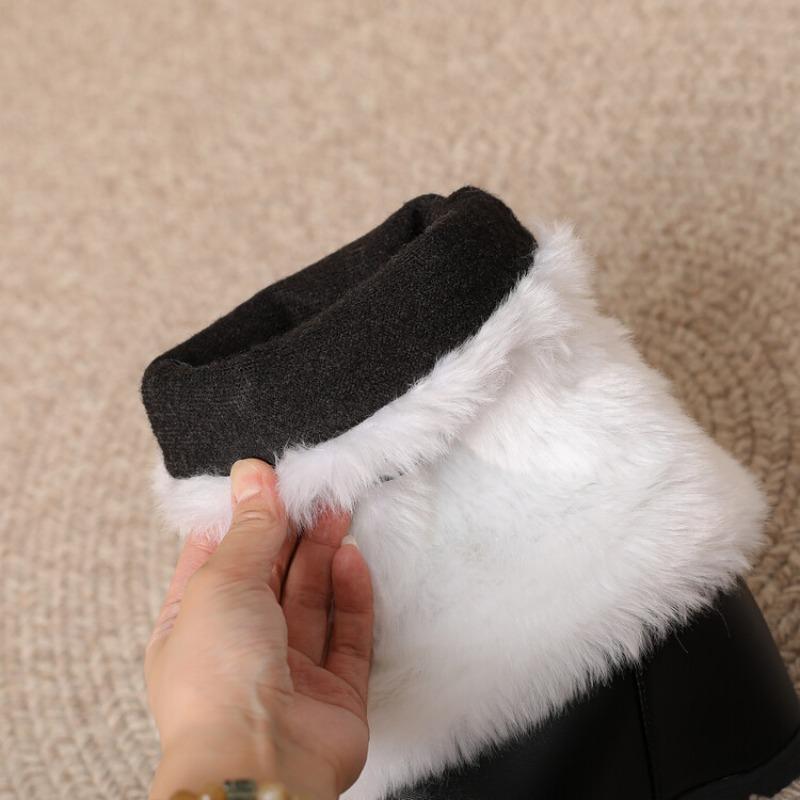 Fashion Plush Boots Black Leather Round Toe Increased Height Inside Mid Length Boots New 6cm Women's Winter Short Boots 35-43