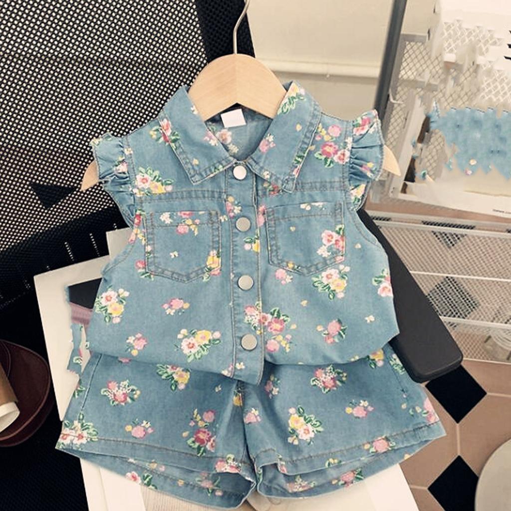 Girls' Flared Sleeve Denim Print Set Fashion Top And Shorts Two-Piece Set