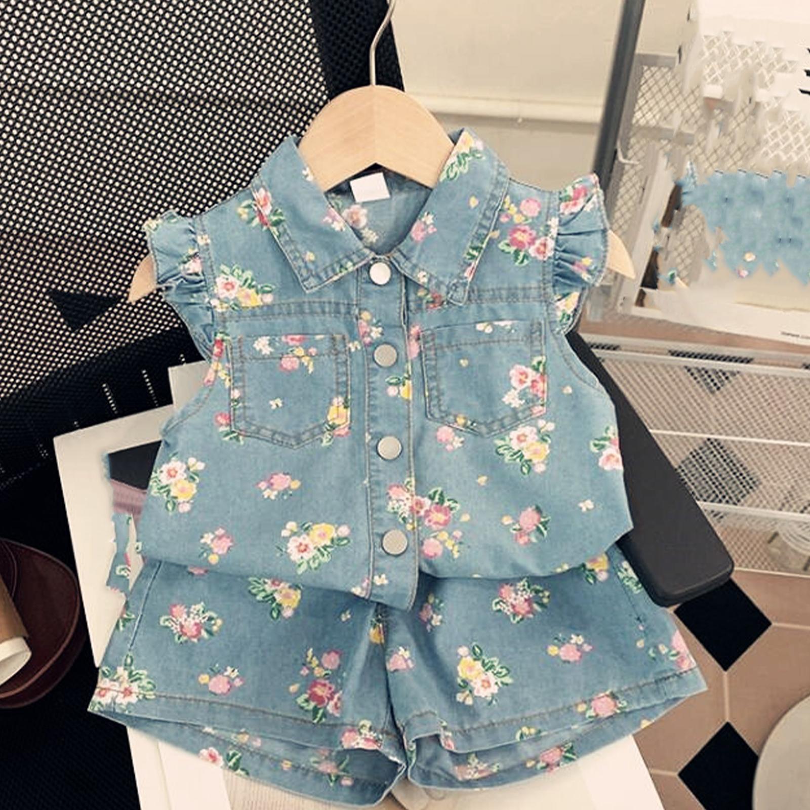 

Children s Casual Denim Print Set Fashion Girls Flared Sleeve Tops and Shorts Kids Floral Printed Two-piece Outfit 110 небесно-голубой