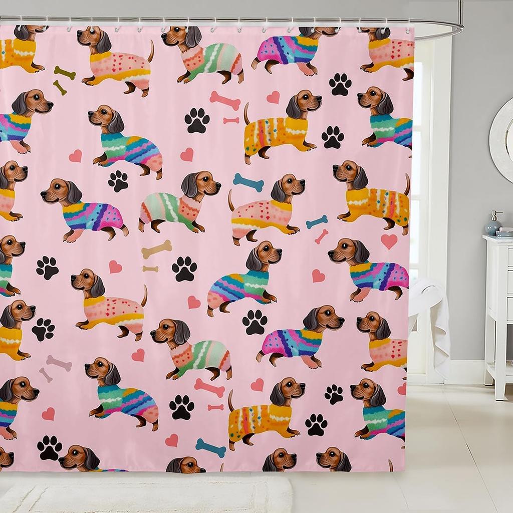 Cartoon Corgi Bathroom Curtain,Blossom Flower Green Leaves Shower Curtain Kids Girls Bathroom Decor,Cute Dog Nature Botanical