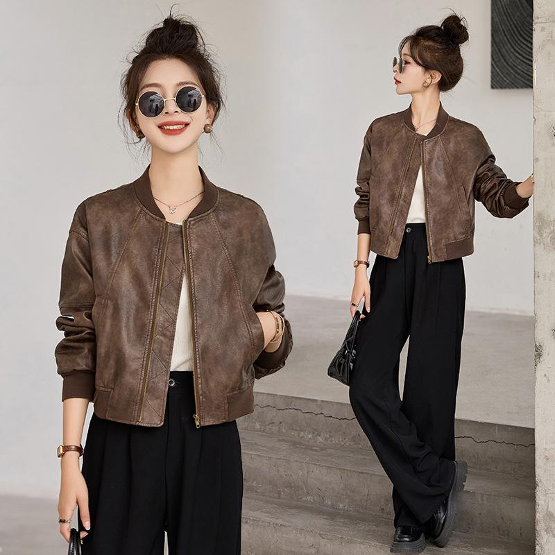 

Ретро кожаная куртка женская дизайнерская весна и осень новая одежда для мотоциклистов популярная куртка топ XL хаки
