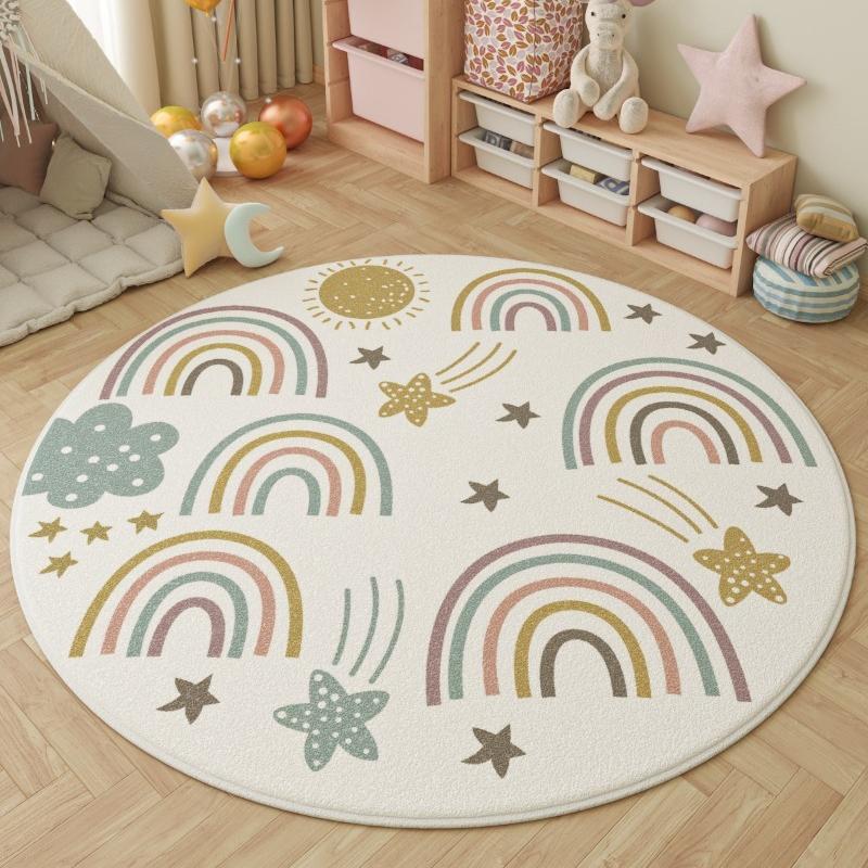 Educational Round Kids Rugs Alphabet Animal Design Rainbow Pattern Colorful Learning Carpets for Childrens Room Decor
