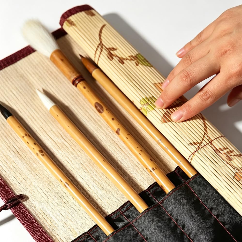 QHBFMTCY Bamboo Brush Calligraphy Brush Storage Suitable for Elementary School Students Learning Calligraphy Roll, Case,