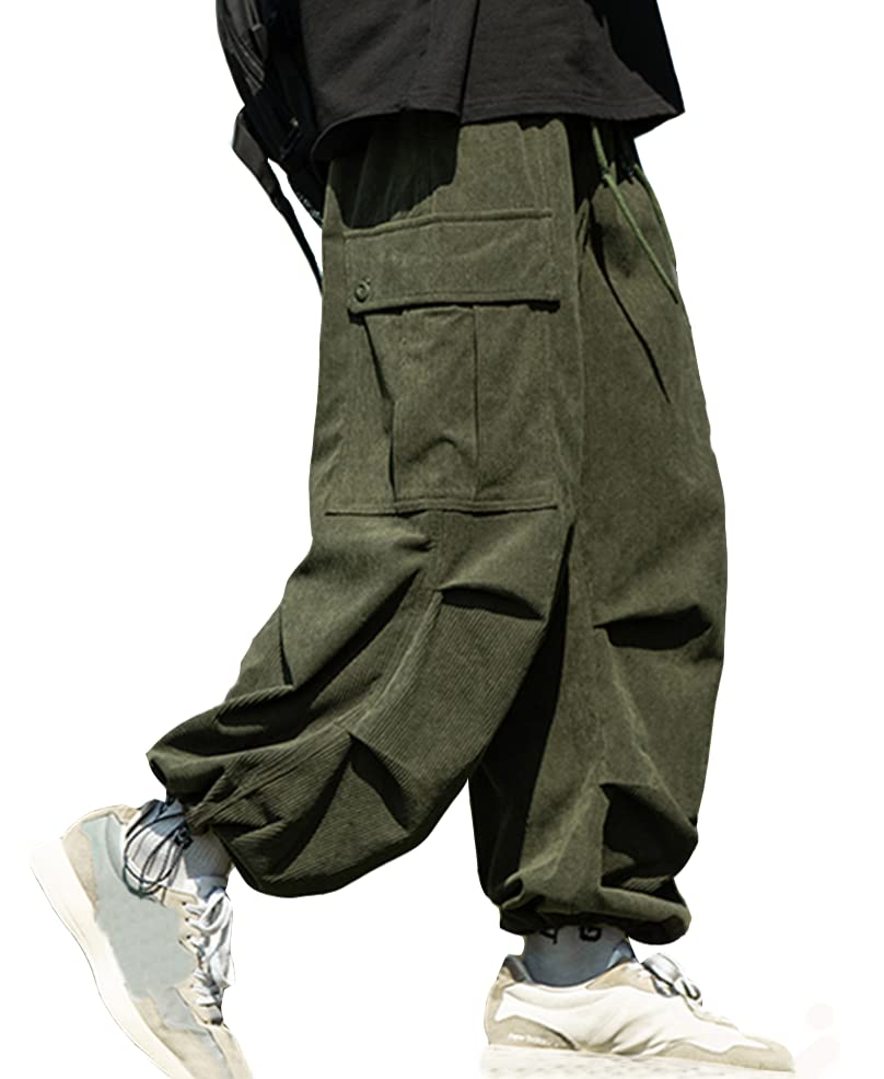 Oversized Cargo Corduroy Long Wide Leg Relaxed Gaucho Adjustable Elastic Popular Solid Army [foveitaa] Men's Pants, Pants, Pants, Style, Sweatpants,