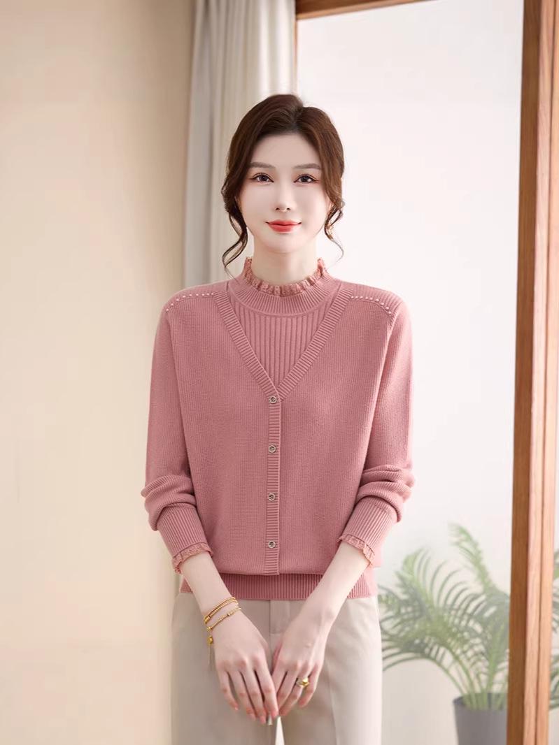 

2026 Fashionable Faux Two-Piece Knit Sweater for Middle-Aged and Elderly Women - Stylish Autumn/Winter Half-High Collar Top 3XL (suggested 72.5-80 kg) розовый