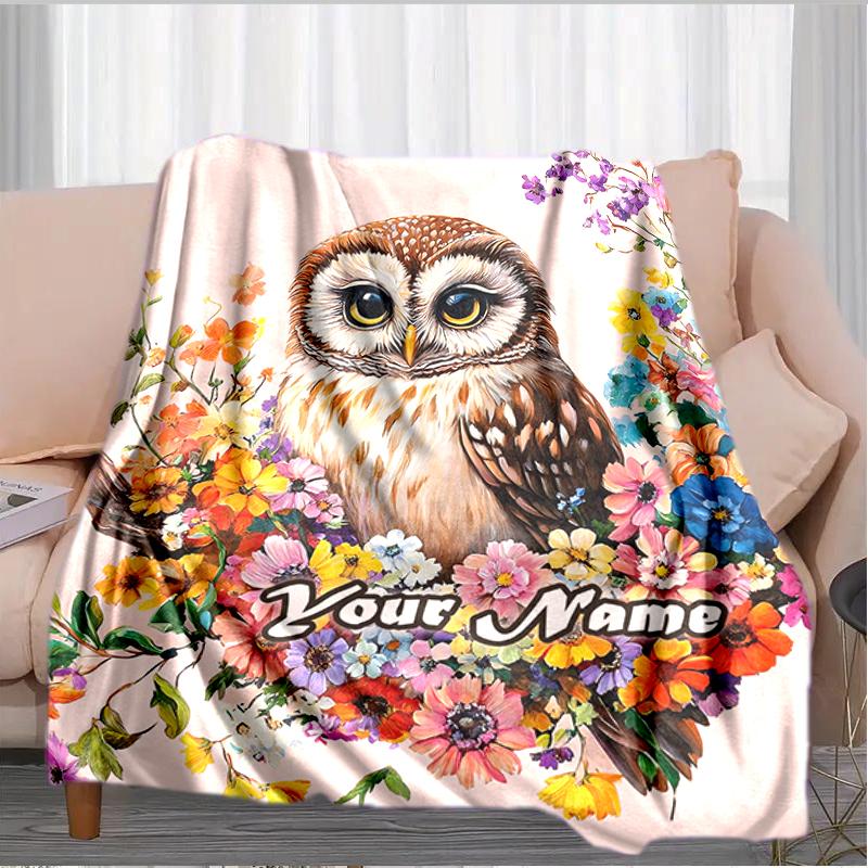 1PC Custom Name Floral Owl Art Flannel blankets Patterns Throw Blanket All-Season Soft Gift for Couch, Bed, Camping gifts