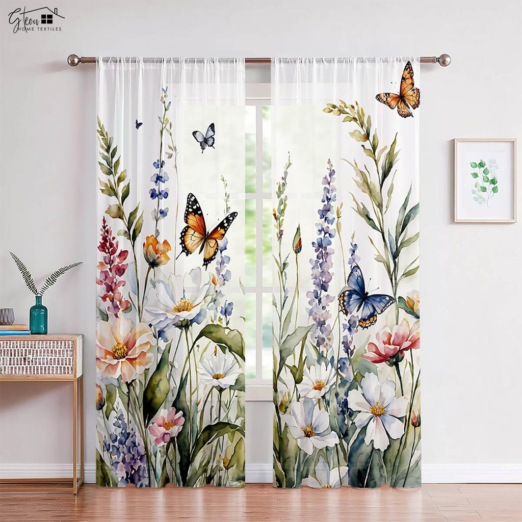 2-Piece Wooden Wisteria Flower Butterfly Printed Window Curtains Pastoral Style Bed Room Living Area Study Kitchen Curtains