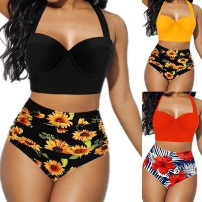 Dámská móda Sexy bikiny s vysokým pasem a květinovým vzorem Bez zádových ramínek Plážové plavky Dvoudílné bikiny