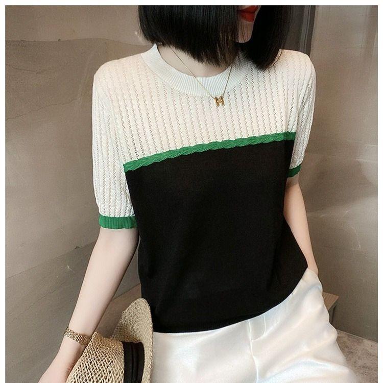 Hollow Out Jacquard Color Blocked Short Sleeved Summer Anti-aging Design Round Neck Thin Knit Sweater