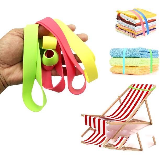 Beach Towel Bands, 6 Pcs 35 Inch Silicone Elastic Clips for Fastening Beach Chair Towels and Cruise Essentials (6)
