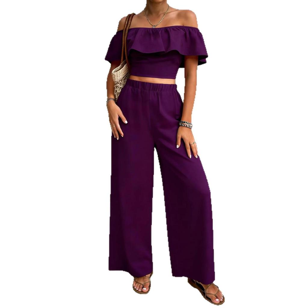 2026 Women's Off-Shoulder Ruffle Crop Top and Wide-Leg Pants Set