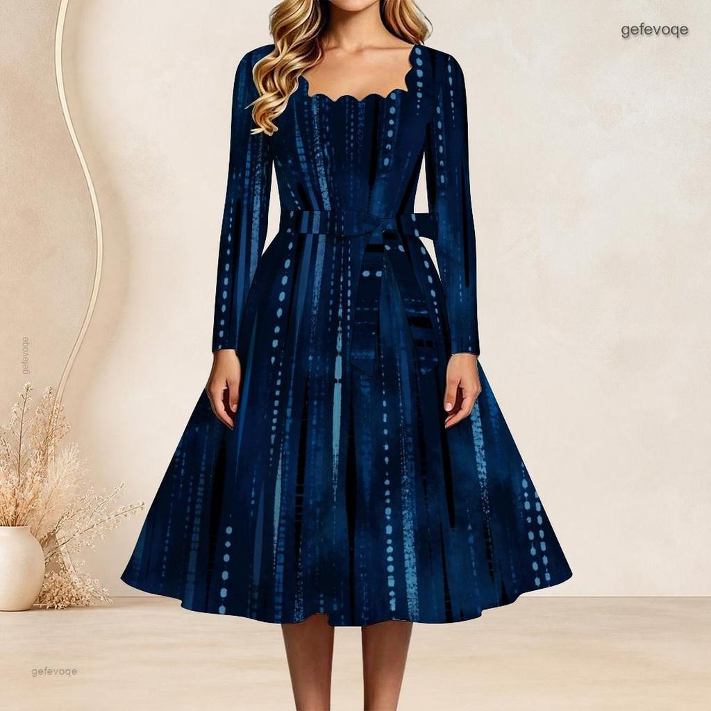 Plus Size Women Square Neck Long Sleeve Printed Navy Blue A Line Dress With Belt