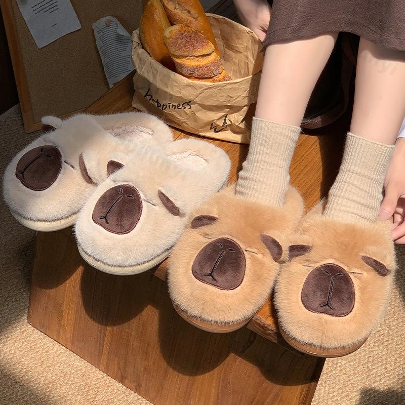 Fashion Capybara Women Cotton Slippers Cartoon Couple Non-Slip Warm Indoor Home Slippers Plush Fluffy Winter Comfortable Floor Slippers