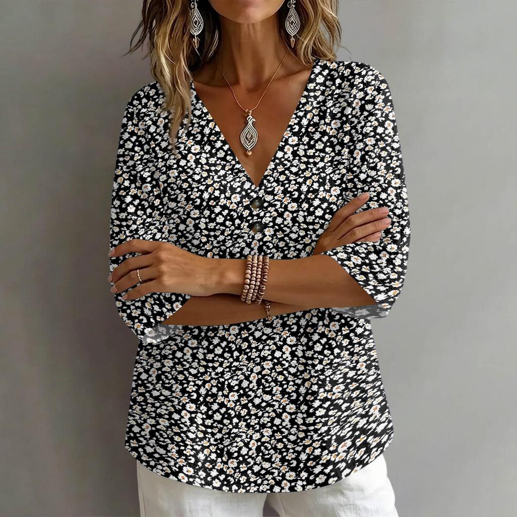 T-shirt da Donna Vintage con Stampa Floreale, Scollo a V, Manica Corta, Vestibilità Larga, Realizzata in Tessuto Misto Lino, Top Casual Estivo per l'Uso Quotidiano
