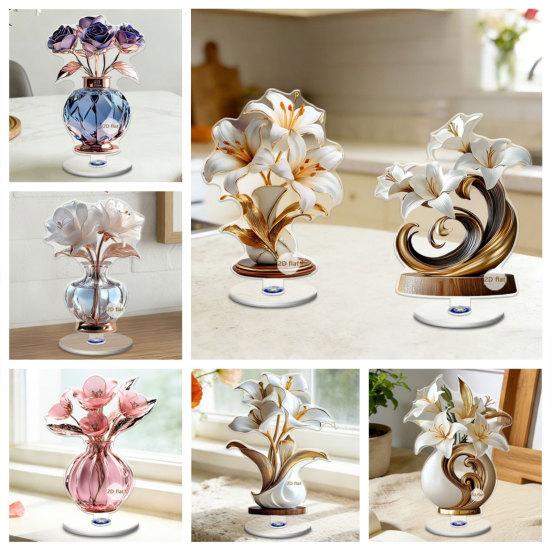 2D Flat Flower Ornament, 360-Degree Rotating Vase Acrylic Ornament with Base, Flower Vase Tabletop Decoration for Home Desk Shelf Decor