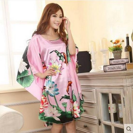 Mosojoy Women's Plus Size Silk Batwing Nightgown - Summer Floral Print Pajamas
