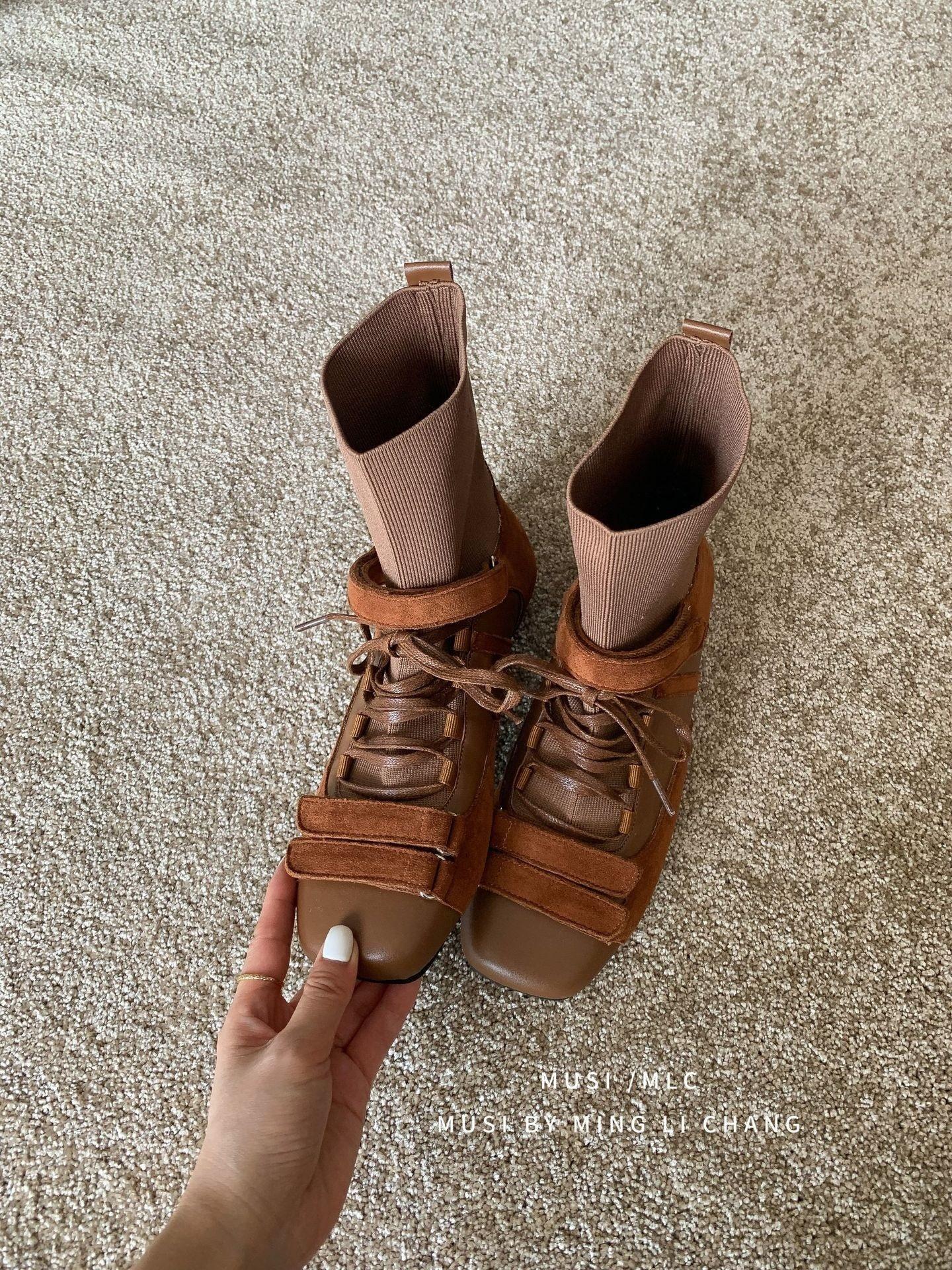 

2025 new autumn bow lace-up knitted low-tube Chelsea Martin sock boots 39 коричневый