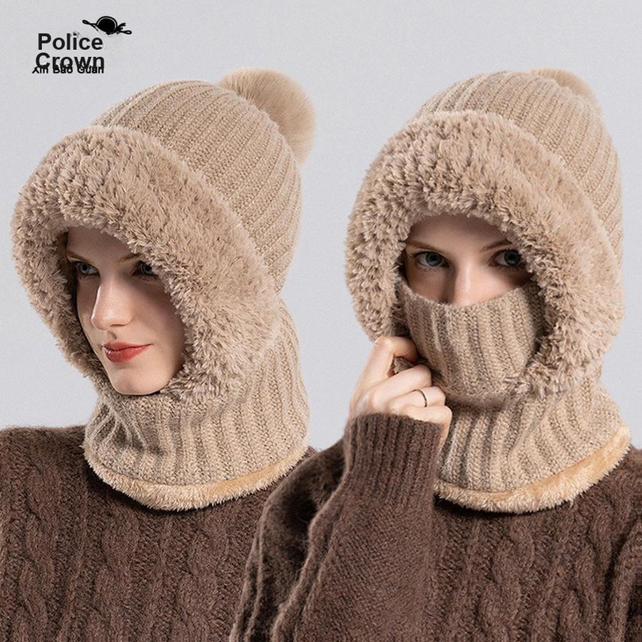Women's Knitted Hat with Scarf and Mask Set, Winter Warm Fleece Riding Windproof Wool Hat