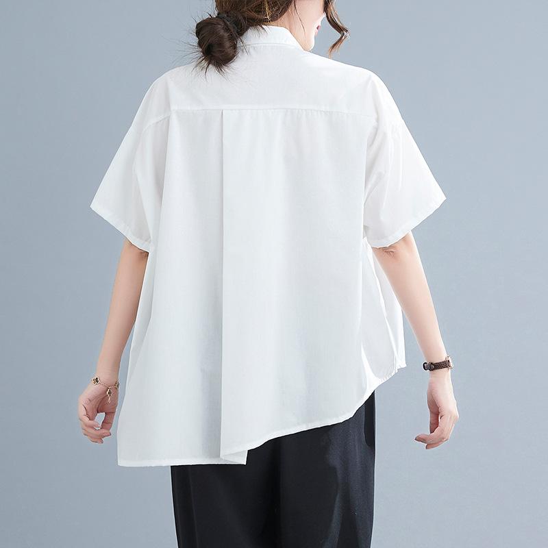 Summer Casual Women's Blouse Top Loose Solid Color Irregular Lapel Short Sleeve Shirt