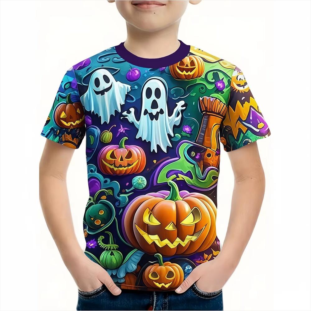 Halloween Boy's T-Shirt Pumpkin Pattern Summer Short Sleeves Casual Fashion Print Kids Tops 3-14Y Party Gift Children's Clothing