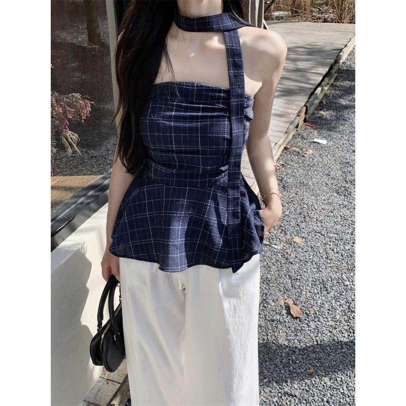 Retro Contrast Color Sexy Gingham Tube Top Vest Women's Clothing Summer Niche Style Ruffles Silm off-the-Shoulder Short Small Top