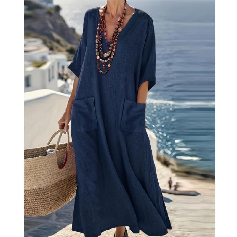 Vestido de Verano Nuevo Estilo Color Liso Holgado Cuello en V Manga Corta