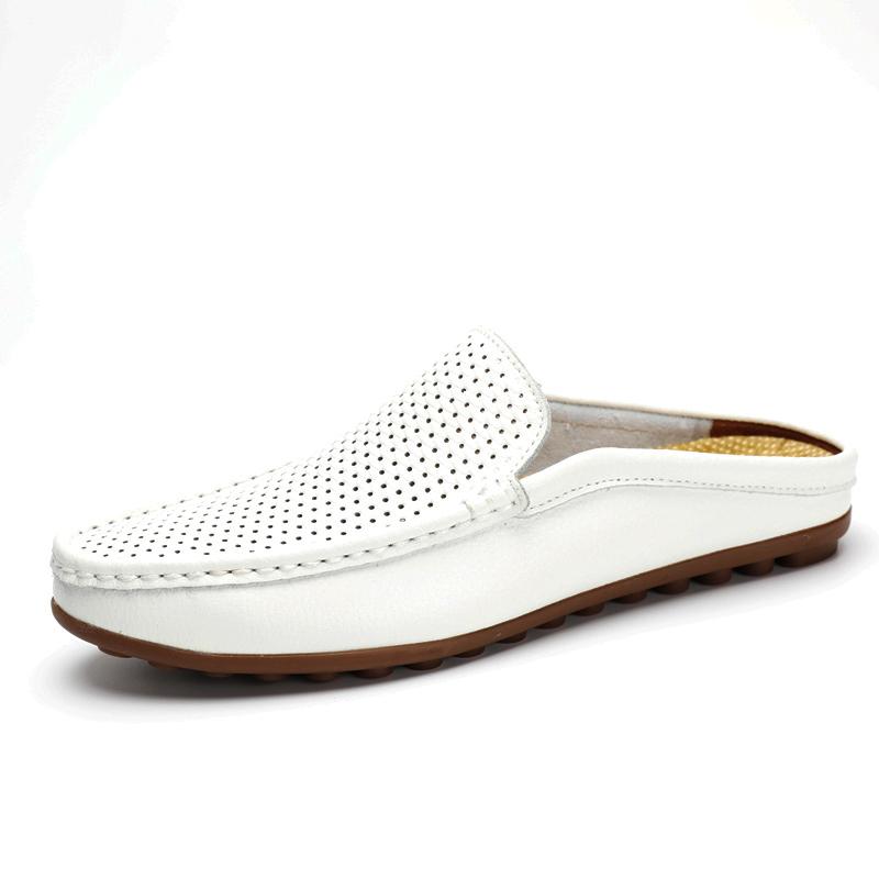 Fashion2024 Fashion Half Drag Loafers Men Casual Leather Driving Shoes Classic Mesh Summer Slippers Breathable Light Leisure Walk Flats