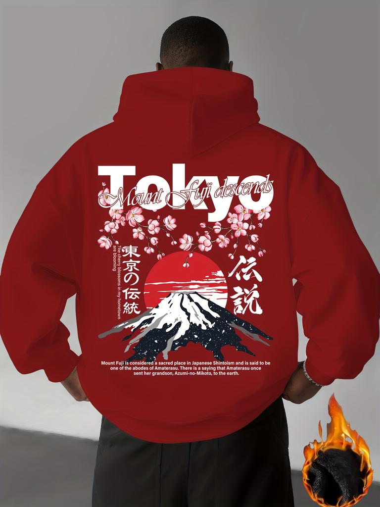 Fall/Winter Men's Japanese Mount Fuji Pattern Printed Hooded Sweatshirt for Casual Sports Style - Loose Fit, Warm, Stylish, Fashionable Sweater