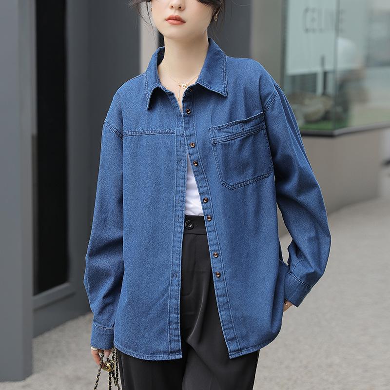 

2024 Ретро Многослойная Джинсовая Рубашка с Длинным Рукавом для Женщин Medium синий