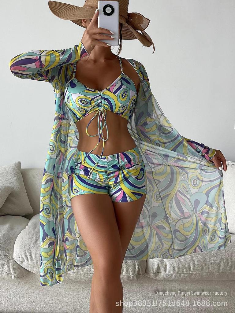 Mingyi European Mesh Blouse & Sexy Leg-Length Pants Three-Piece Swimsuit