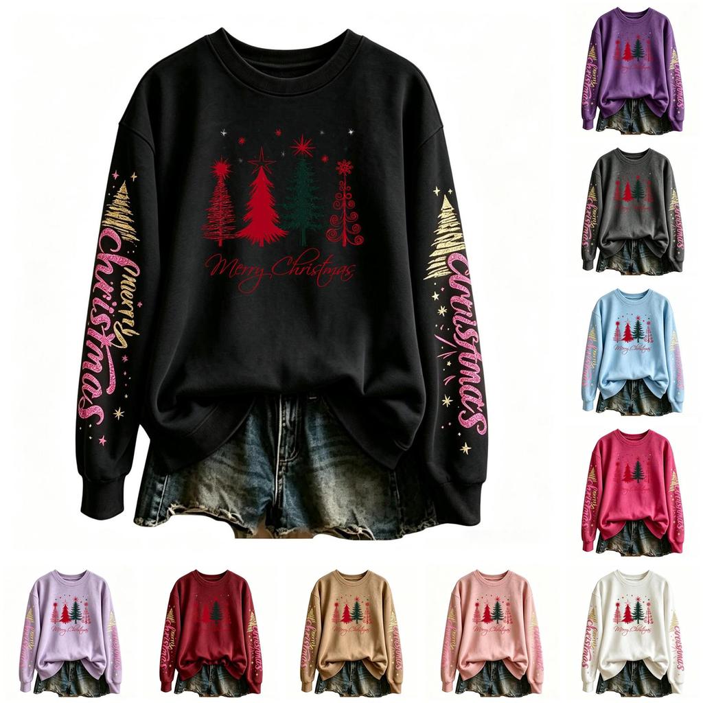 Women's Long Sleeve Christmas Print Crewneck Pullover Sweatshirt for Holiday Casual Wear