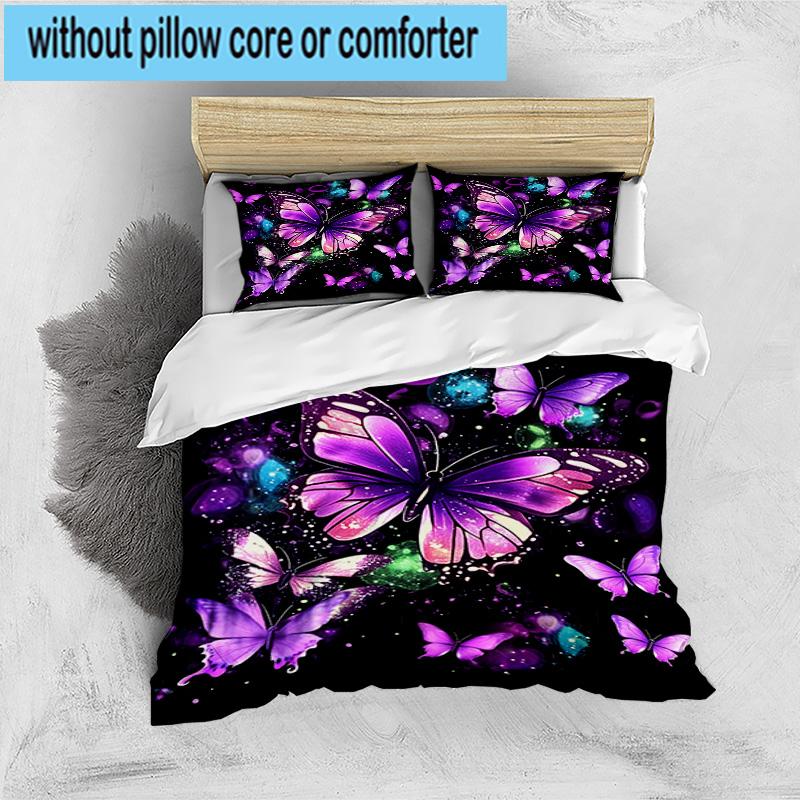 Purple Butterfly Dreams 3pcs Bedding,Including 1pc Duvet Cover And 2pcs Pillowcases Perfect for Christmas,Ideal for Bedroom, Dormitory