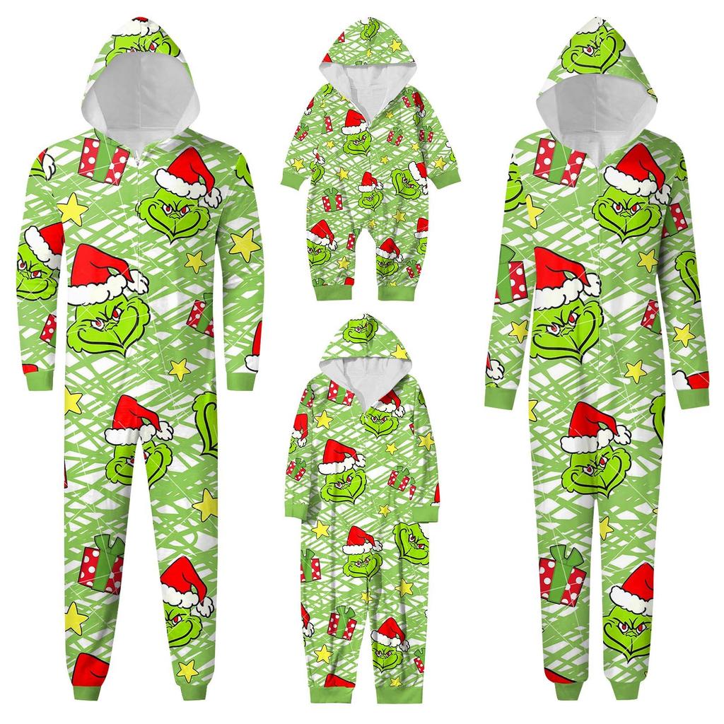Fashion Printed Family Matching Hooded Long Sleeved Zippered Hooded Jumpsuit Set