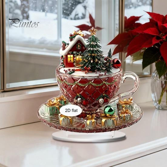 Seasonal Shelf Decorations Cartoon Christmas Coffee Cup House Ornaments, 2D Acrylic Tree Tabletop Cute Holiday Home Accents Decor, Mini Decor for Desk