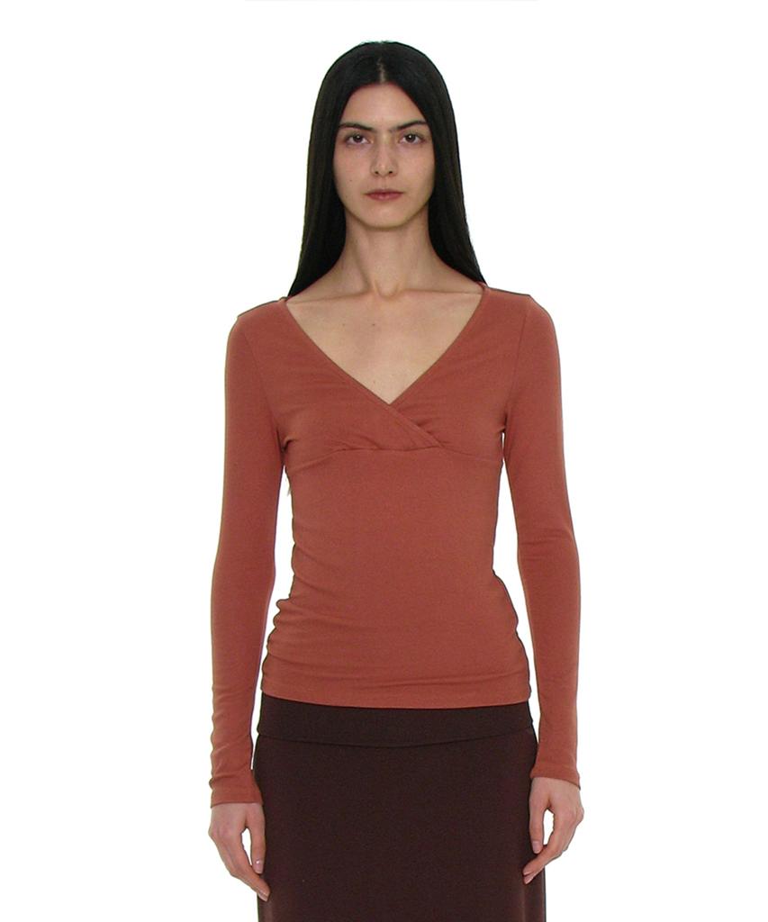 PARTIMENTO WOMEN Pwc Crossover Wrap V-Neck Long Sleeve Top_Brick