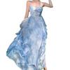 Coffee Break French Blue Suspender Dress Women's Summer New Seaside Vacation Beach Dress Sunset Fairy Skirt