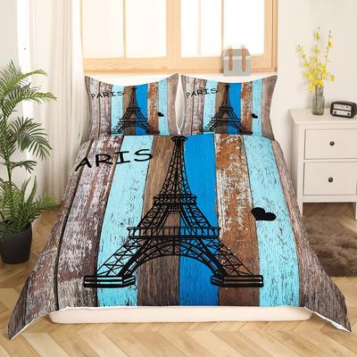Eiffel Tower Duvet Cover Set King Size Paris Tower Bedding Set For Boy Girl Polyester Paris Cityscape Wooden Texture Quilt Cover