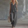 Women's Cotton Linen Two-Piece Outfit Set Sleeveless Top and Long Pants Casual Color