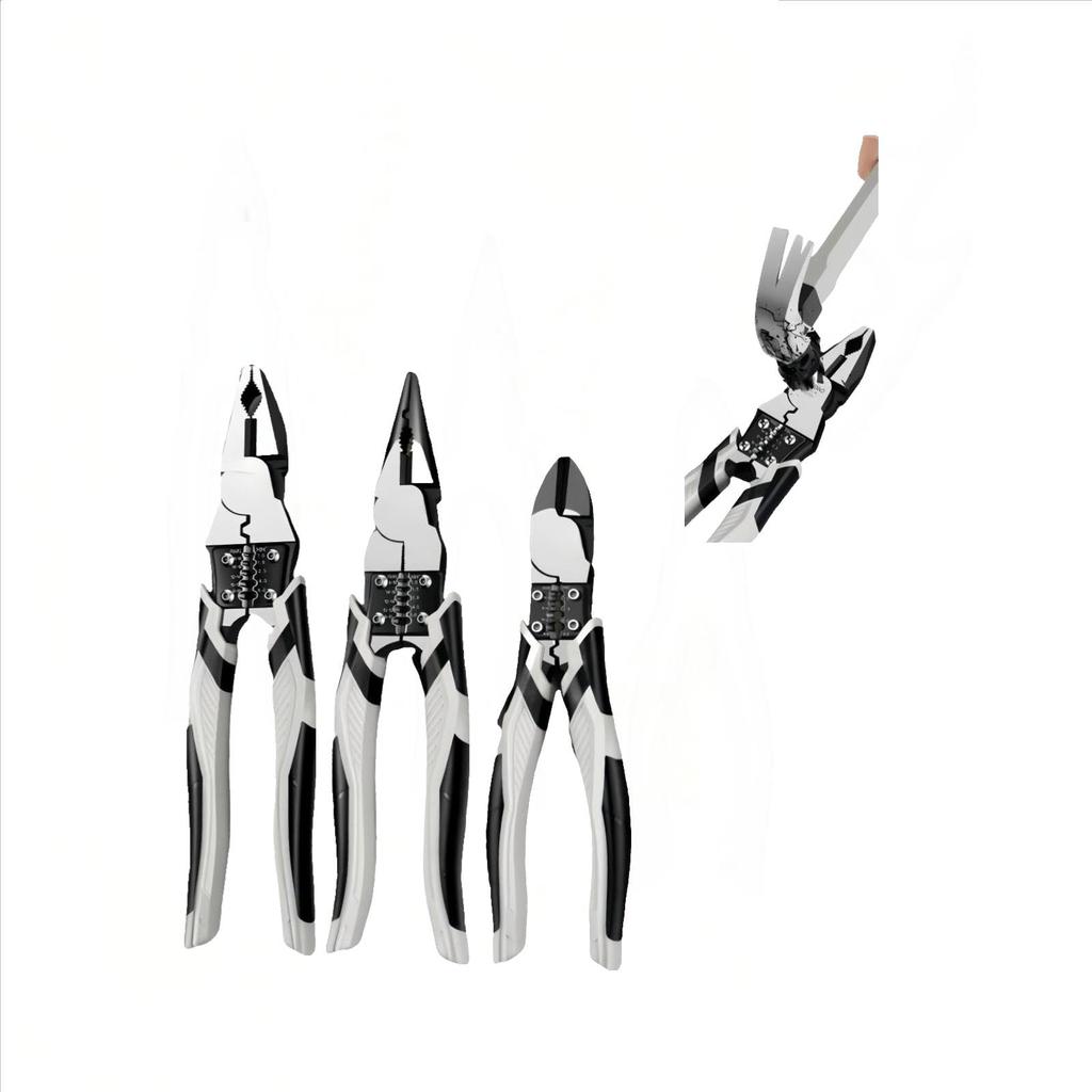 This tool pliers set includes a large pliers set with an knife that doubles as a a long nose pliers a wire pliers and a needle nose pliers three-piece
